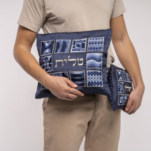 Tallit Bag - Full Embroidery - Squares - Blue
